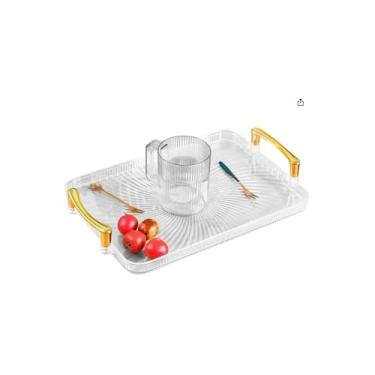 Imagem de Bandeja com Alça Média Multiuso em Acrílico, Transparente com Alças Douradas, 30x21x2cm, Resistente e Leve