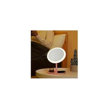 Imagem de Espelho de Maquiagem LED com USB, 18cm de Diâmetro, Iluminação Dupla Fria e Quente, Portátil, Base Firme, Plástico e Vidro, Branco e Rosa