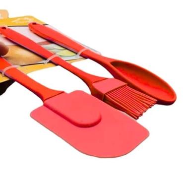Imagem de Kit de Utensílios de Cozinha em Silicone, 3 Peças, Colher em Polipropileno, Espátula e Pincel, Vermelho, Antiaderente