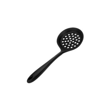 Imagem de Escumadeira de Silicone, 33 cm, Preta, Resistente a Altas Temperaturas até 180°C, Inteiriça, para Frituras e Alimentos Cozidos