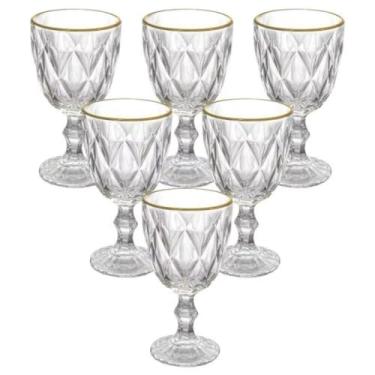 Imagem de Conjunto de 6 Taças de Vidro Diamond, 315ml, Borda Dourada, Base Resistente