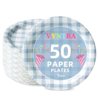 Imagem de Vyntra Pacote com 50 pratos de papel guingão, pratos de sobremesa descartáveis de 17,8 cm para festa de aniversário de meninos, chá de bebê, festa na piscina e suprimentos de piquenique de verão