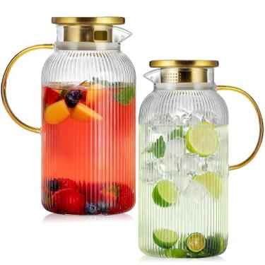 Imagem de Pacote com 2 jarras de vidro com tampa, 2 litros, listra vertical redonda com alça, resistente ao calor, adequada para armazenamento na geladeira, chá gelado, café, limonada, suco e recipiente de