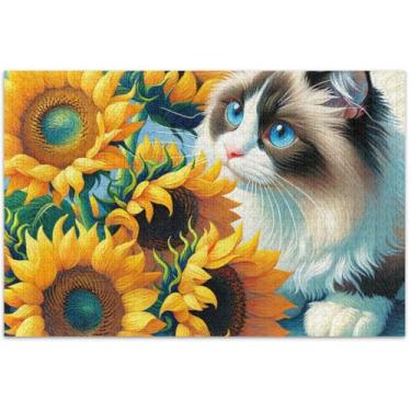 Imagem de Ragdoll Quebra-cabeça de gato girassóis fofos, 500 peças para adultos, arte, brinquedo, pintura, quebra-cabeças rígidos, presentes de elefante branco, 51 x 35 cm