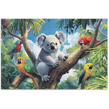 Imagem de Quebra-cabeças fofos, papagaios coalas, árvore tropical, 1000 peças, adultos, família, brinquedo, arte, personalizado, família, divertido, quebra-cabeças, presentes de festa de elefante branco, 75 x