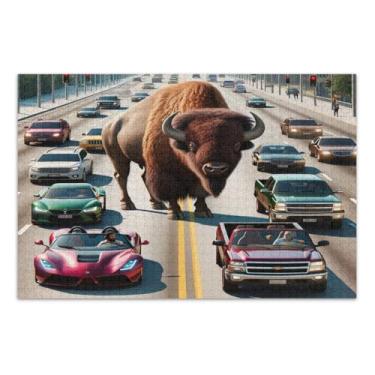 Imagem de a Giant Bison Stopping Traffic Puzzles 1000 peças, quebra-cabeças para adultos com letras na parte de trás