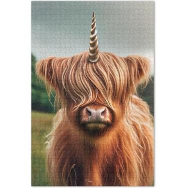 Imagem de Quebra-cabeças fofos de unicórnio Highland Cattle Unicorn 1000 peças para adultos presentes de elefante branco engraçado paisagem quebra-cabeça brinquedo arte
