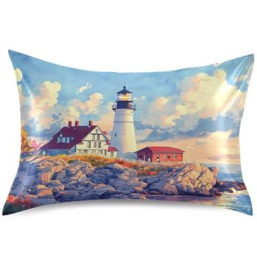 Imagem de Capa de almofada de cetim costeira farol aquarela padrão king queen capa de almofada linda estampa refrescante quarto estética, tamanho king, 101,6 cm x 50,8 cm