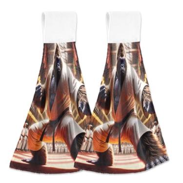Imagem de Gorilla Karate Toalhas de mão engraçadas com laços para pendurar toalhas de forno macias absorventes conjunto de 2, decoração de banheiro de cozinha fofa personalizada 18,2 x 14 polegadas
