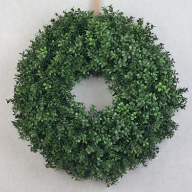 Imagem de Guirlanda de buxo artificial de 61 cm para porta da frente – guirlanda de folhas verdes exuberantes para todas as estações, decoração de porta de buxo falso para casa de fazenda, varanda, parede e