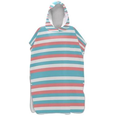 Imagem de Joisal Roupão vestível para adultos poncho de surfe praia moletom toalha natação azul rosa branco listras homens mulheres poncho com capuz