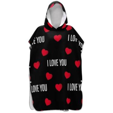 Imagem de Joisal Roupão de mudança de poncho de surfe para adultos toalhas de banho com capuz vestíveis corações vermelhos pretos homens mulheres poncho com capuz