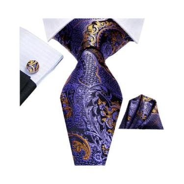 Imagem de Conjunto De Gravata Masculina Com Listras Florais Roxas, Com Lenço De 