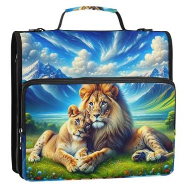 Imagem de Fichários duráveis com 3 anéis de 3,8 cm Anel D Majestic Lions Scenic Meadow Print Zip Up Binder Organizer Portfolio & Case Ring Folder Holder School Binder Bag com alça de ombro
