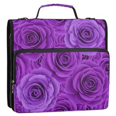 Imagem de Bolsa organizadora de fichário com zíper e flores roxas vívidas com alça, 3 anéis, bolsa de fichário D de 3 cm comporta 500 folhas para documentos de viagem para escola, escritório, viagem