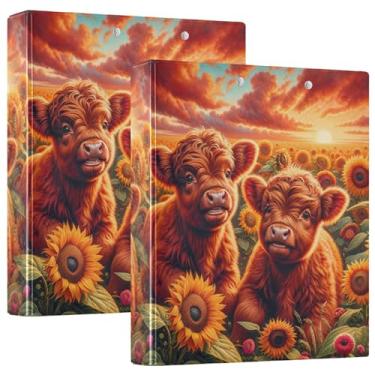 Imagem de Fichários Highland Cow Girassóis de 3 cm com 3 argolas, 200 folhas, fofo, caderno, estampado, redondo, fichário de escritório, 1 pacote