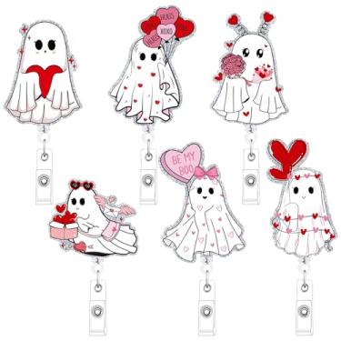 Imagem de Carretel retrátil para crachá de dia dos namorados – cosmisun 6 peças porta-crachá de fantasma dos namorados com clipe jacaré boo coração fantasma crachá de identificação para enfermeira, enfermagem