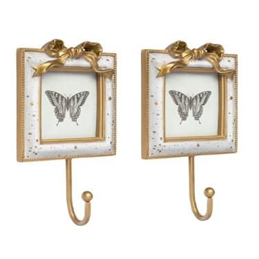 Imagem de AELS Ganchos decorativos de parede com moldura vintage de 7,6 cm x 7,6 cm, suporte de foto vintage com gancho dourado para casacos, bolsas, toalhas e chaves, ideal para entrada, quarto ou decoração de