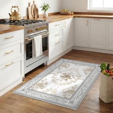 Imagem de SOULFUL Tapete de área médio 7,5 x 12,7 cm - Tapete macio sob os pés de entrada pequeno - Marrom claro Boho Floral - Lavável Antiderrapante - Perfeito para sala de estar, quarto, pé, quarto de