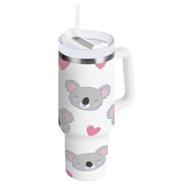 Imagem de Blueangle Copo isolado de coala dos namorados de 1,134 g com alça e tampa de palha, caneca de viagem reutilizável de aço inoxidável (492)