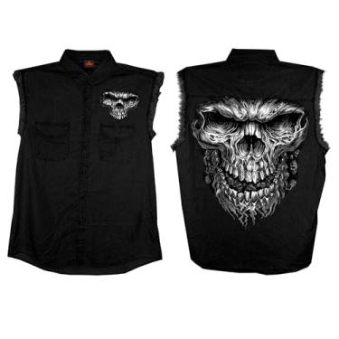 Imagem de Hot Leathers Camisa jeans masculina Shredder Skull preta sem mangas