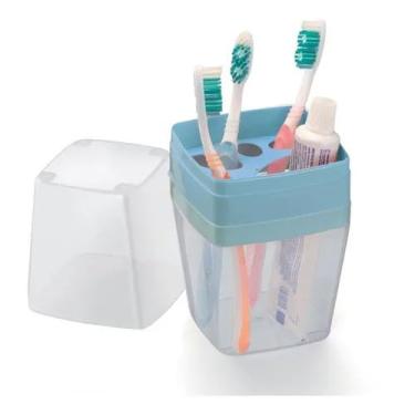 Imagem de Porta Escova de Dentes com Tampa, Organizador para 5 Escovas e 1 Pasta de Dente, Material PP, Cinza, 21cm x 9cm x 9cm