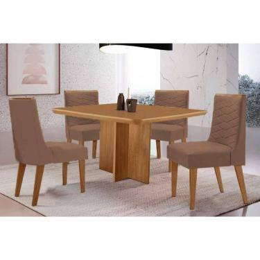 Imagem de Sala Jantar Mesa Berlim Tampo Curvo 90cm+4 Cadeiras Maldivas Madeira Naturale - Capuccino/Corano Capuccino - Rufato