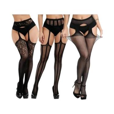 Imagem de Meia-calça Feminina Sexy De Rede Até a Coxa, 3 Peças, Com Padrão Vazad