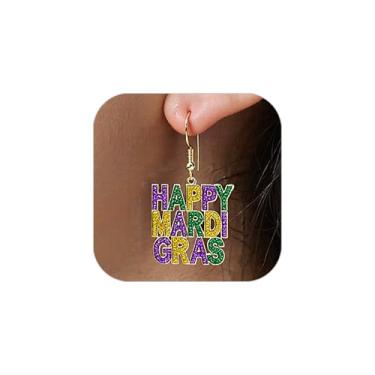 Imagem de Brincos femininos de carnaval com glitter, máscara esmaltada, chapéu de palhaço, brincos roxos pendurados delicados e fofos brincos de carnaval, joias de carnaval para mulheres, Medium, Metal, Sem