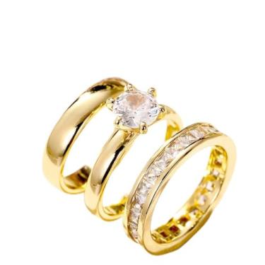 Imagem de Conjunto de alianças de casamento femininas de zircônia cúbica de 3 peças, Latão, Zircônia cúbica