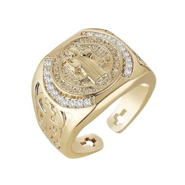 Imagem de HZMAN Anel de exorcismo de São Bento, latão banhado a ouro 14K, joia de proteção católica para homens, mulheres ou crianças