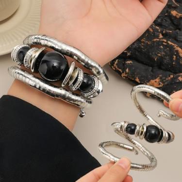 Imagem de 1 pulseira elástica multicamadas estilo retrô pulseira de liga preta com contas de ágata falsa joia feminina presente de festa