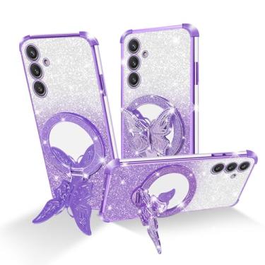 Imagem de Easyscen Capa para celular Samsung Galaxy S24 5G (6,2 polegadas), com suporte de borboleta e 4 cantos de airbag protetor, capa protetora de luxo à prova de choque com glitter para mulheres - roxa