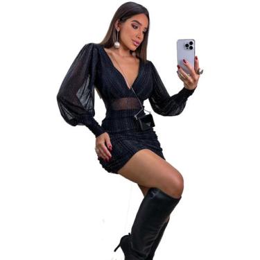 Imagem de Vestido Curto Feminino Decote V Manga Princesa Lurex Brilho Festa - Sw