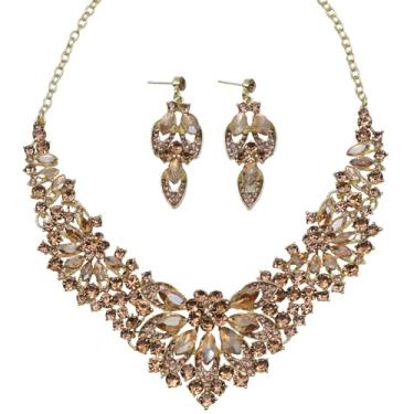 Imagem de Zthread Conjunto de joias femininas com strass e cristal para noivas, gargantilha, colar floral, com contas, neklcace conjunto de brincos pendentes para festa de casamento, One Size, Acrílico
