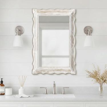Imagem de Besdomus Espelho de parede emoldurado de madeira Farmhouse, espelhos de banheiro de madeira branca de 76 cm x 50 cm, montado na parede vertical ou horizontal para banheiro/penteadeira/entrada - ideal