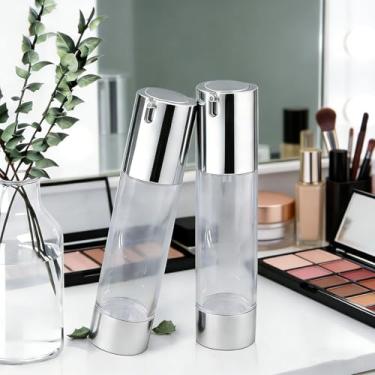 Imagem de 2 frascos de bomba Airless de 50 ml, garrafa de viagem cosmética a vácuo para desinfetante para as mãos, óleo de cabelo, loção, creme facial (prata