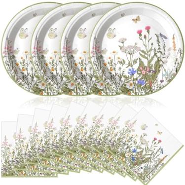 Imagem de Qinyoung 100 peças de pratos e guardanapos de flores silvestres suprimentos de festa descartáveis pratos de papel floral guardanapos flores silvestres decorações de chá de bebê utensílios de mesa para