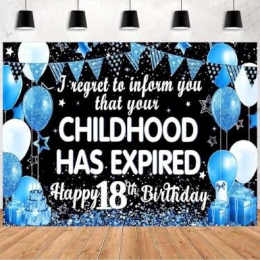 Imagem de I Regret to Inform You Your Childhood Has Expired Pano de fundo de aniversário de 18 anos, balão azul, presente de bolo para meninos de 18 anos, decorações de festa para adultos (azul, 18 x 1,8 m)
