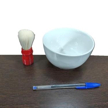 Imagem de Kit Cumbuca Porcelana 13x8cm Pincel 10cm P/espuma Barbear vermelho