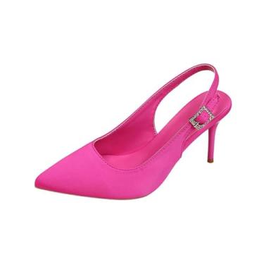 Imagem de Salto feminino sem cadarço com detalhe de corrente de metal, bico fino e laterais elásticas para estilo casual, Rosa choque, 35