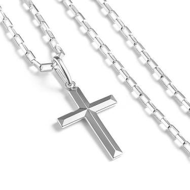 Imagem de Corrente Cordão Masculino Prata Maciça 925 Bloco 80cm Cruz - Lojas La&