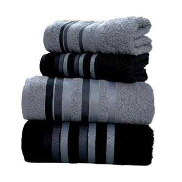 Imagem de Jogo 4 Peças Toalhas de Banho - 100% Algodão, Grossa Felpuda e Macia, Excelente Absorção para Ambientes Domésticos e Hospedagem (Cinza/Preto)