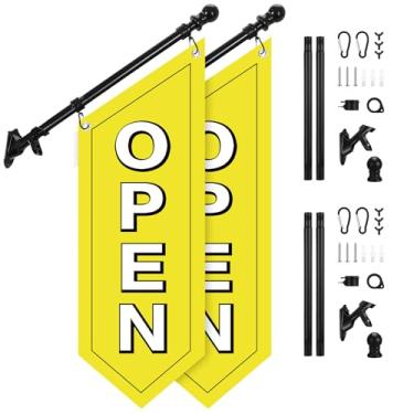 Imagem de Jetec 2 peças bandeiras amarelas abertas dupla face placa suspensa de três camadas com mastro e kit de montagem 91 x 30 cm banner aberto ao ar livre para publicidade comercial sinalização lojas de