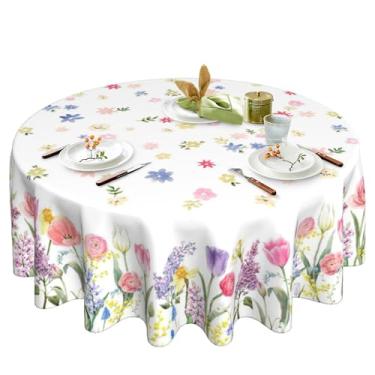 Imagem de theirsova Toalha de mesa floral redonda de 152 cm, flores coloridas, lavável, reutilizável, para festas de fim de ano, casa, cozinha, decoração de mesa de jantar
