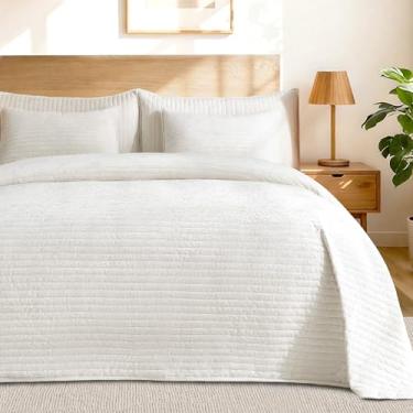 Imagem de ROMROL Conjunto de edredom de veludo luxuoso, tamanho Queen, 3 peças, macio, aconchegante, listrado, com 2 fronhas, conjunto de cama leve para todas as estações (branco creme, 228 x 244 cm)