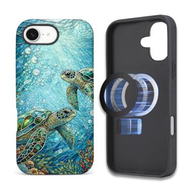 Imagem de ZHEGAILIAN Capa compatível com iPhone 16E, capa de telefone com design de tartaruga de vidro colorido, [compatível com MagSafe], capa rígida híbrida de 2 camadas para meninas meninos mulheres homens