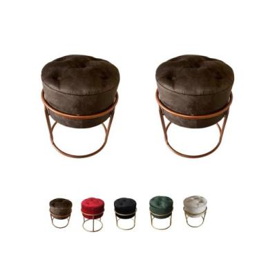 Imagem de 2 Puff Banqueta Redondo Capitonê Base Ferro Veludo Decorativo - Mercad