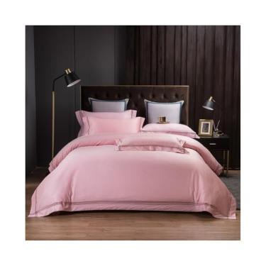 Imagem de Conjunto de capa de edredom bordado de luxo 4 peças nórdico cor sólida macio algodão amigo da pele (rosa, tamanho queen 4 peças)