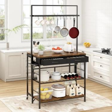 Imagem de Balcão de Cozinha Dobrável com Prateleira, Ilha de Cozinha com Gaveta, Ganchos e Armazenamento Multinível Balcão Compacto para Ambientes Culinários, Marrom